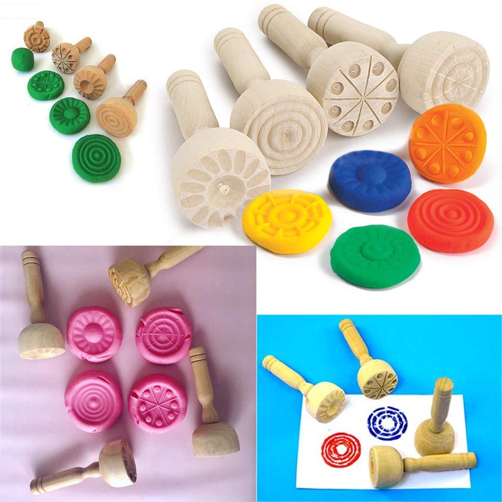 Wooden Clay Stamp Set, Wooden Playdough Stamps, Wooden Handle Pottery Tools  Wooden Handle Stamps, Set of 4 Clay Modeling Pattern Kit 